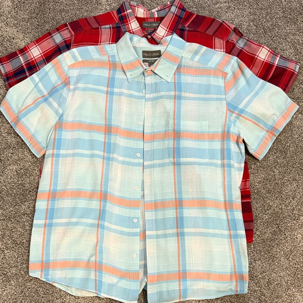 Lot of 2- Falls Creek Men's Casual Plaid Shirts - Light Blue and Red. Size XL